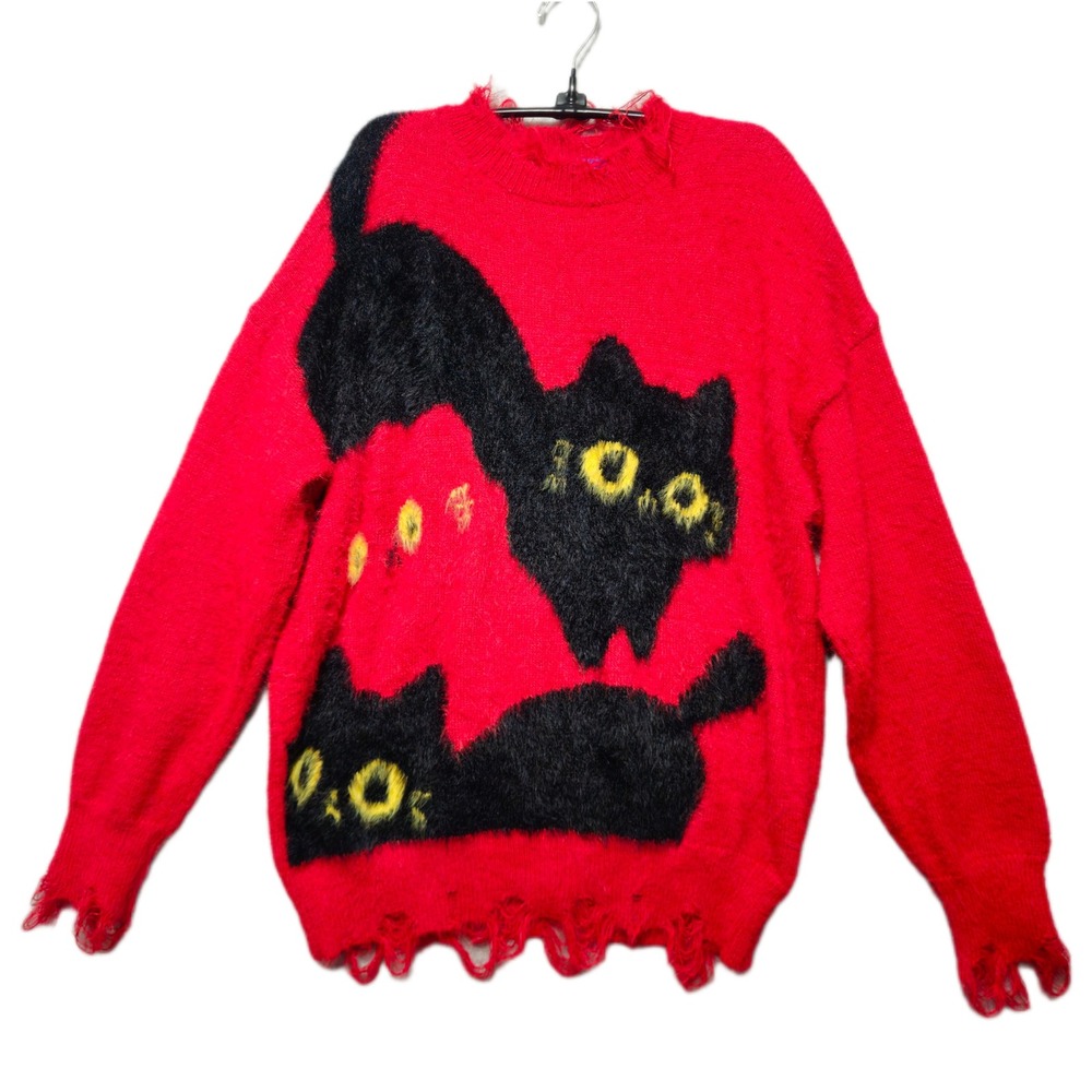Aelfric Eden Red Fuzzy Black Cat Graphic Oversized Knit Sweater Womens‎ Medium